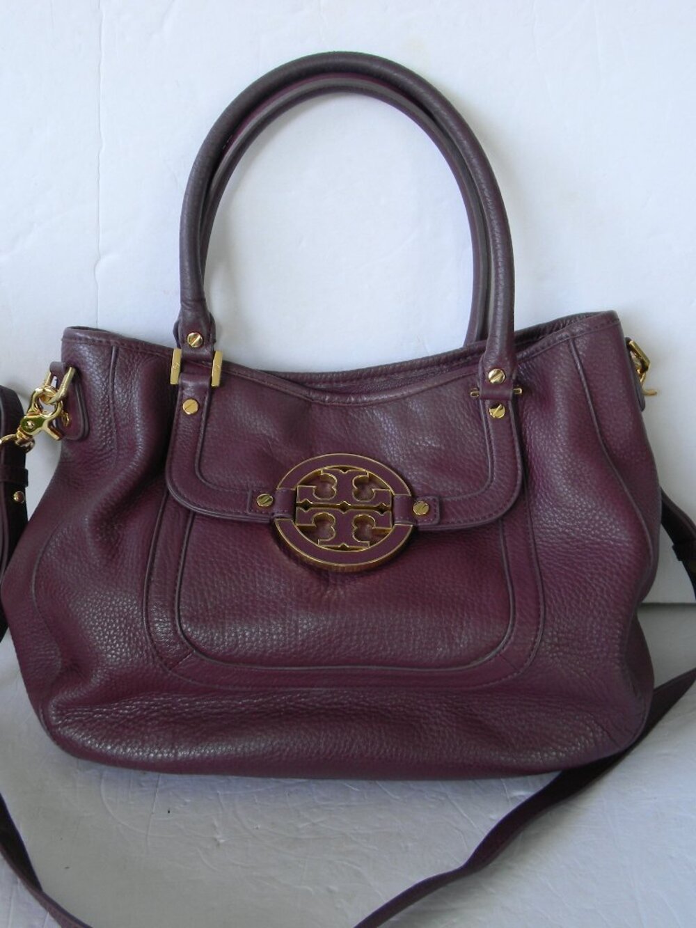 TORY BURCH AMANDA LARGE PURPLE PEBBLE LEATHER SATCHEL CROSSBODY BAG